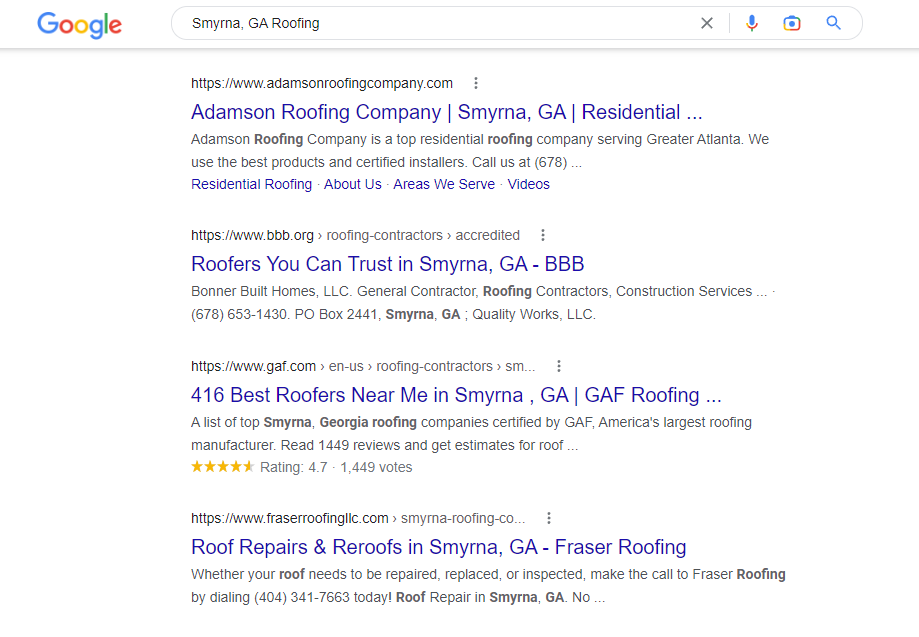 Smyrna, GA Roofing Search Engine Results